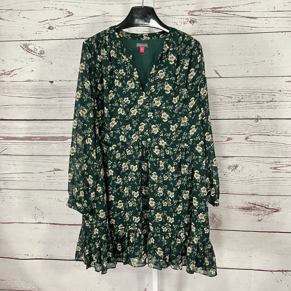 Vince‎ Camuto Floral Ruffle Hem Dress Womens Size XL Green Long Sleeve